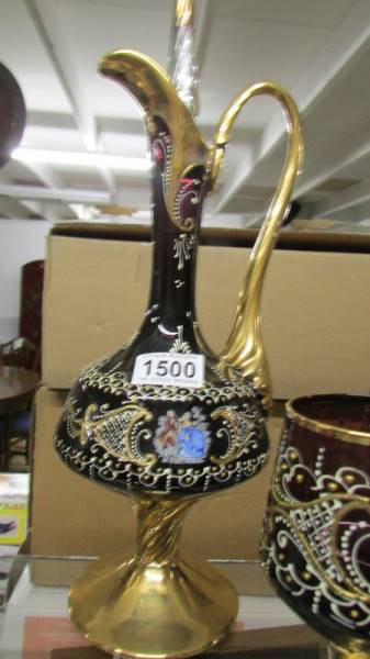 A hand decorated coloured glass claret jug with six glasses. - Image 2 of 3