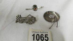 Three vintage silver brooches - 1 set agate, 1 set marquasite and 1 set amethyst.