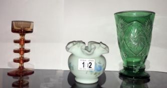 An etched or cut green glass vase, a pretty Victorian 4" high pale blue satin posy vase by Faber