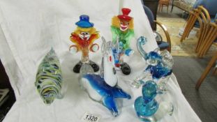 A Venetian Glass company horse, 2 Murano style clowns, elephant, a squirrel & end of day glass fish.