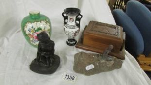 Two Little Mermaid figures, two vases and a wooden cigarette box.