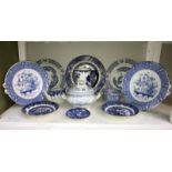A mixed lot of blue and white plates, jug, sauce tureen etc.