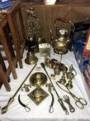 2 brass ink wells, school bell & other brassware including companion set