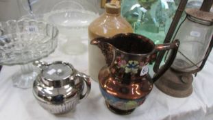 A lustre jug, a stoneware vinegar jar and a silver coloured teapot. (Collect only)