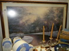 A large framed and glazed winter scene. (Collect only)