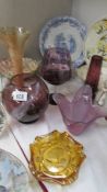A mixed lot of coloured glass vases and an ashtray. (Collect only)