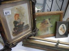 A picture of 'Bubbles' on glass, a dog picture and a bird picture. (Collect only)