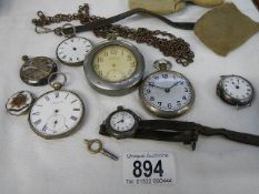 A mixed lot of pocket watches (some with silver cases), watch chains etc., for spare or repair.