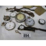 A mixed lot of pocket watches (some with silver cases), watch chains etc., for spare or repair.