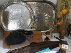 A mixed lot including silver plate, umbrella with dog head handle etc.,