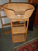 A wicker basket and a set of wicker shelves.