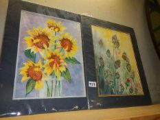 Two unframed floral watercolour paintings.