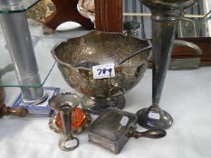 A mixed lot of silver plate including punch bowl and ladle.