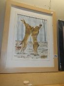 A framed and glazed watercolour depicting fighting hares, signed.