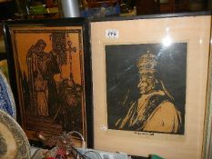 A framed and glazed portrait of Pope Leo XIII and another religious print.