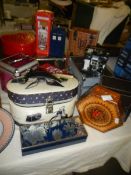 A mixed lot of tins, jewellery boxes, vanity box etc.,