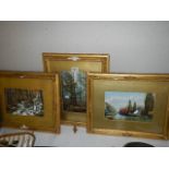 Three framed and glazed rural scenes.