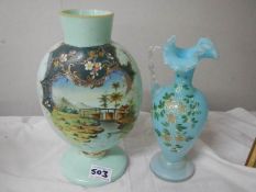 Two Victorian hand painted glass vases.