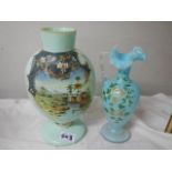 Two Victorian hand painted glass vases.