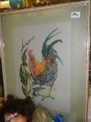 A framed and glazed watercolour of a cockerel.