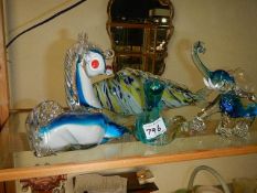 Four pieces of Murano style glass including unicorn.