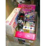 A quantity of new toys and games including Avengers figure, Hamley's flying saucer etc