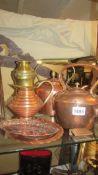 Two copper kettles and other brass and copper items.