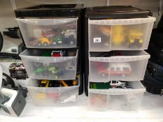 Two 3 drawer storage containers & contents of toy vehicles