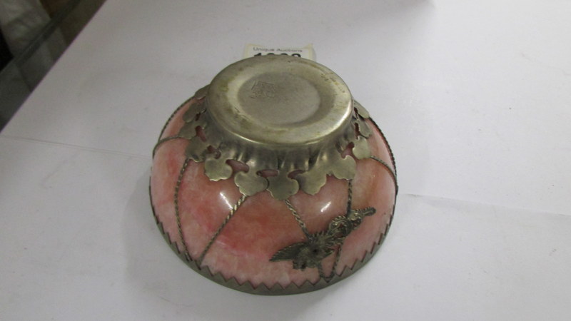 A Tibetan silver mounted pink jade tea bowl, impressed mark to base, 11 cm diameter, 5 cm high. - Image 3 of 4