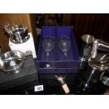 A silver plate wine coaster, boxed quaich, a pair of Edinburgh crystal wine glasses boxed, etc