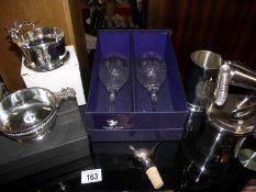 A silver plate wine coaster, boxed quaich, a pair of Edinburgh crystal wine glasses boxed, etc