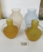 A pair of yellow crackle glazed posy vases, 10 cm and two others, 13 cm.