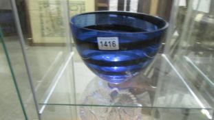 A large blue striped glass bowl.