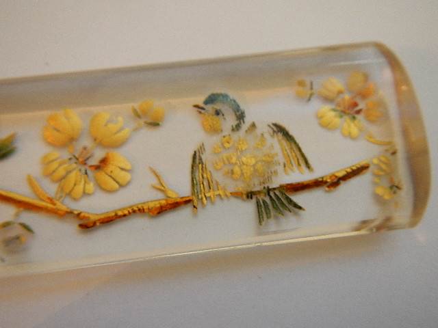 A Victorian ivory letter opener with glass handle decorated with birds and flowers. A/F - Image 3 of 4