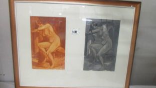 A pair of 1950's female nude watercolour paintings (in one frame) one in sepia tones.