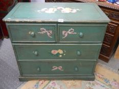 A green painted shabby chic chest of drawers with floral decoration, 88 x 48 x 78 cm, COLLECT ONLY.