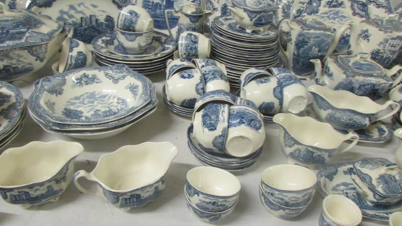 In excess of 200 pieces of Johnson Bros., blue and white tea and dinnerware inc. castle patterns. - Image 7 of 10