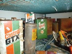 3 Shell motor spirit petrol cans, 2 vintage GTX Castrol oil cans & a jug/bottle etc. COLLECT ONLY