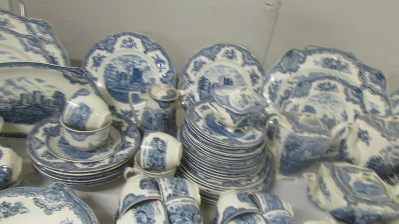 In excess of 200 pieces of Johnson Bros., blue and white tea and dinnerware inc. castle patterns. - Image 8 of 10