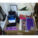 A large box of assorted costume jewellery including silver