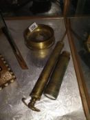 A Falklands coin brass gun shell case, telescope and Halfords pump