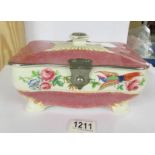 An English ceramic bird decorated box with plated fittings, 21 x 14 x 10 cm.