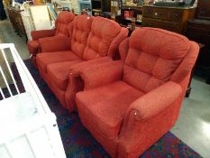 A red coloured tapestry type finished 3 piece suite comprising sofa and 2 chairs, COLLECT ONLY