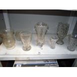 6 cut glass vases and an engraved glass vase