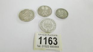 Four German silver coins - 1925 F 2 marks, 1930 3 marks, 1936 5 marks and 1937 F fine marks.