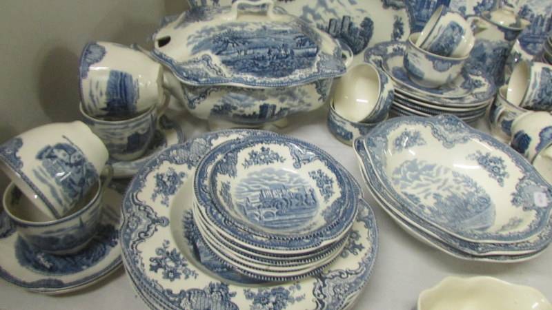 In excess of 200 pieces of Johnson Bros., blue and white tea and dinnerware inc. castle patterns. - Image 10 of 10
