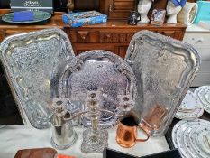 3 chrome plated trays, silver plated candelabra & copper & pewter tankards
