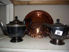 2 silver plate teapots and a copper plaque