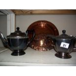 2 silver plate teapots and a copper plaque