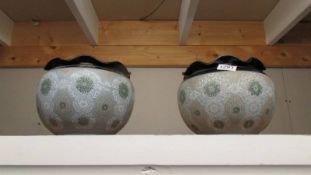 A pair of Lovatt's Langley lead glaze jardiniere's, 18cm tall, 23 cm diameter (1 a/f crack to base).